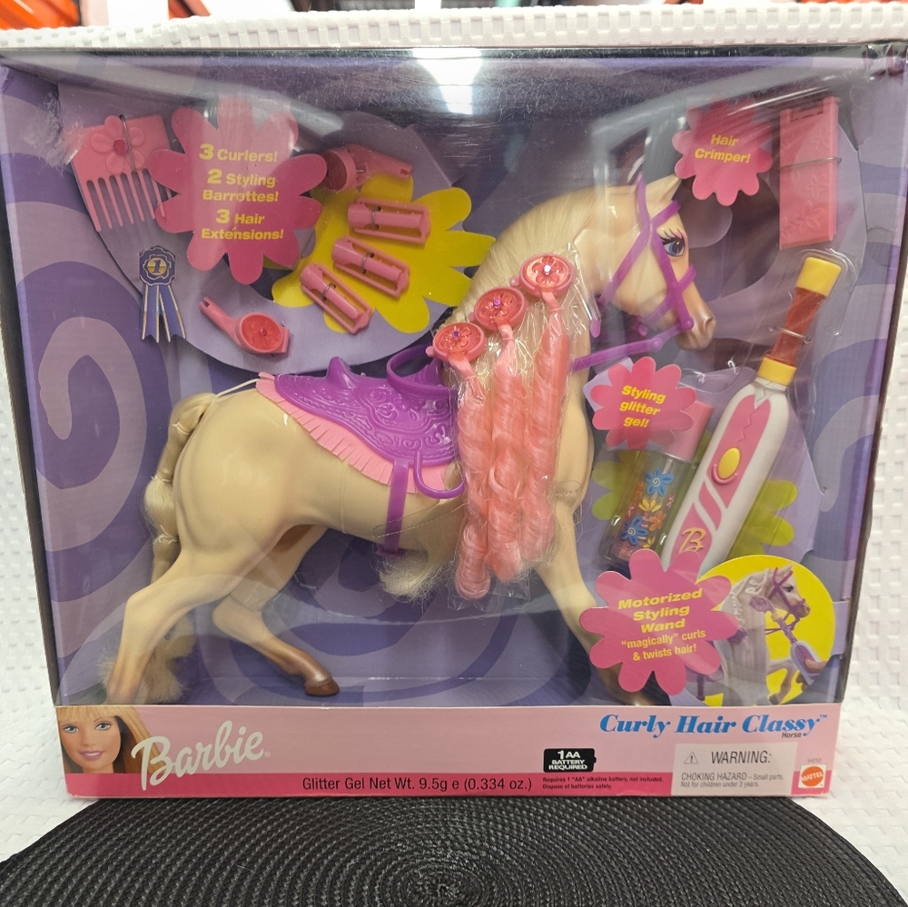 Rare 2001 Vintage Barbie Curly Hair Classy Horse Set NIB